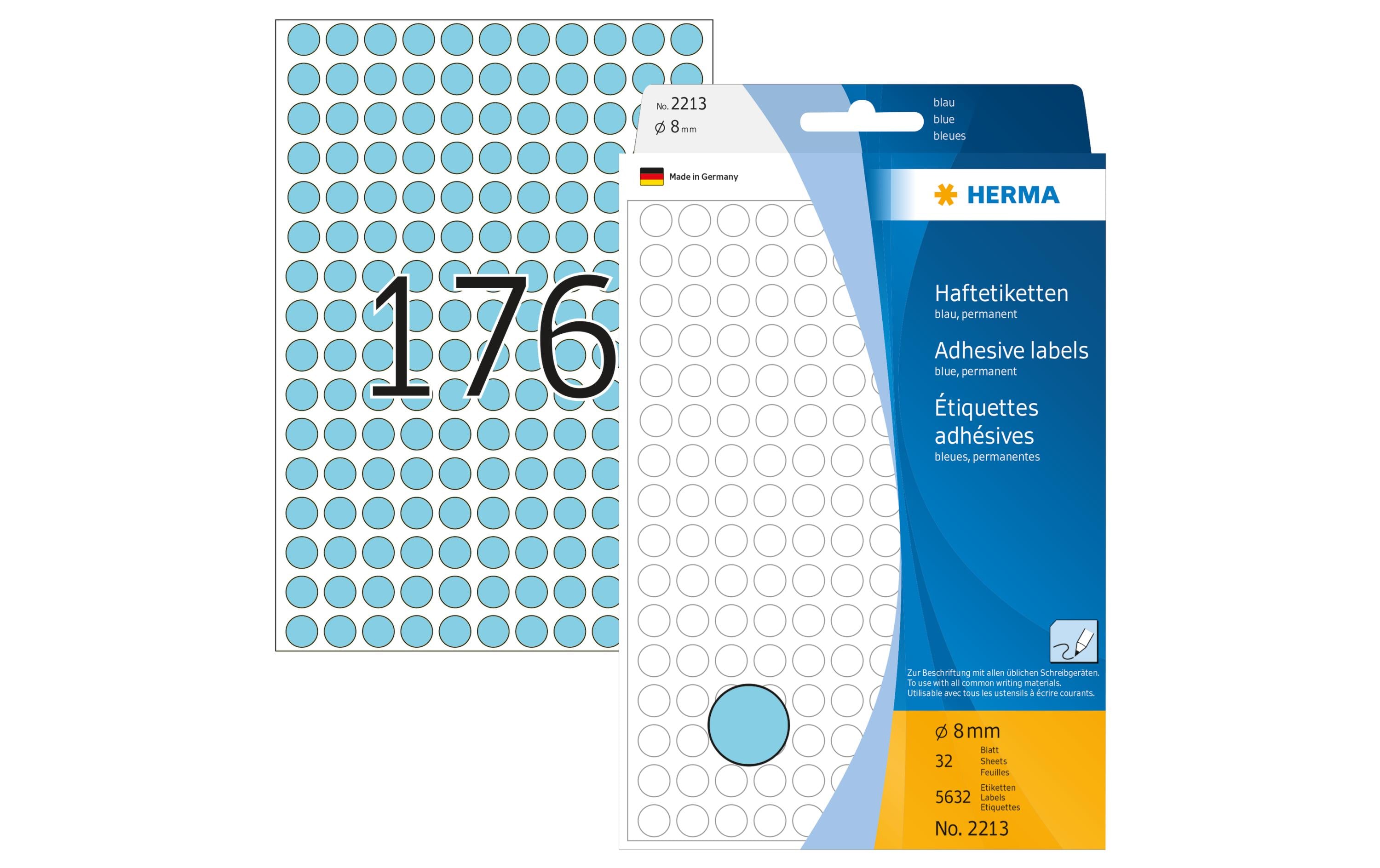 HERMA Vielzweck-Etiketten 2213 Ø 8 mm, Blau, 32 Blatt