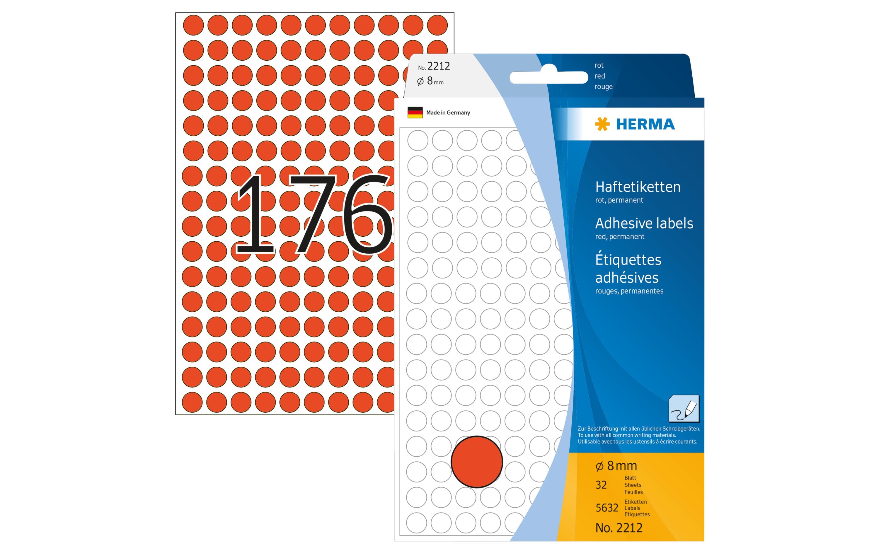 HERMA Vielzweck-Etiketten 2212 Ø 8 mm, Rot, 32 Blatt