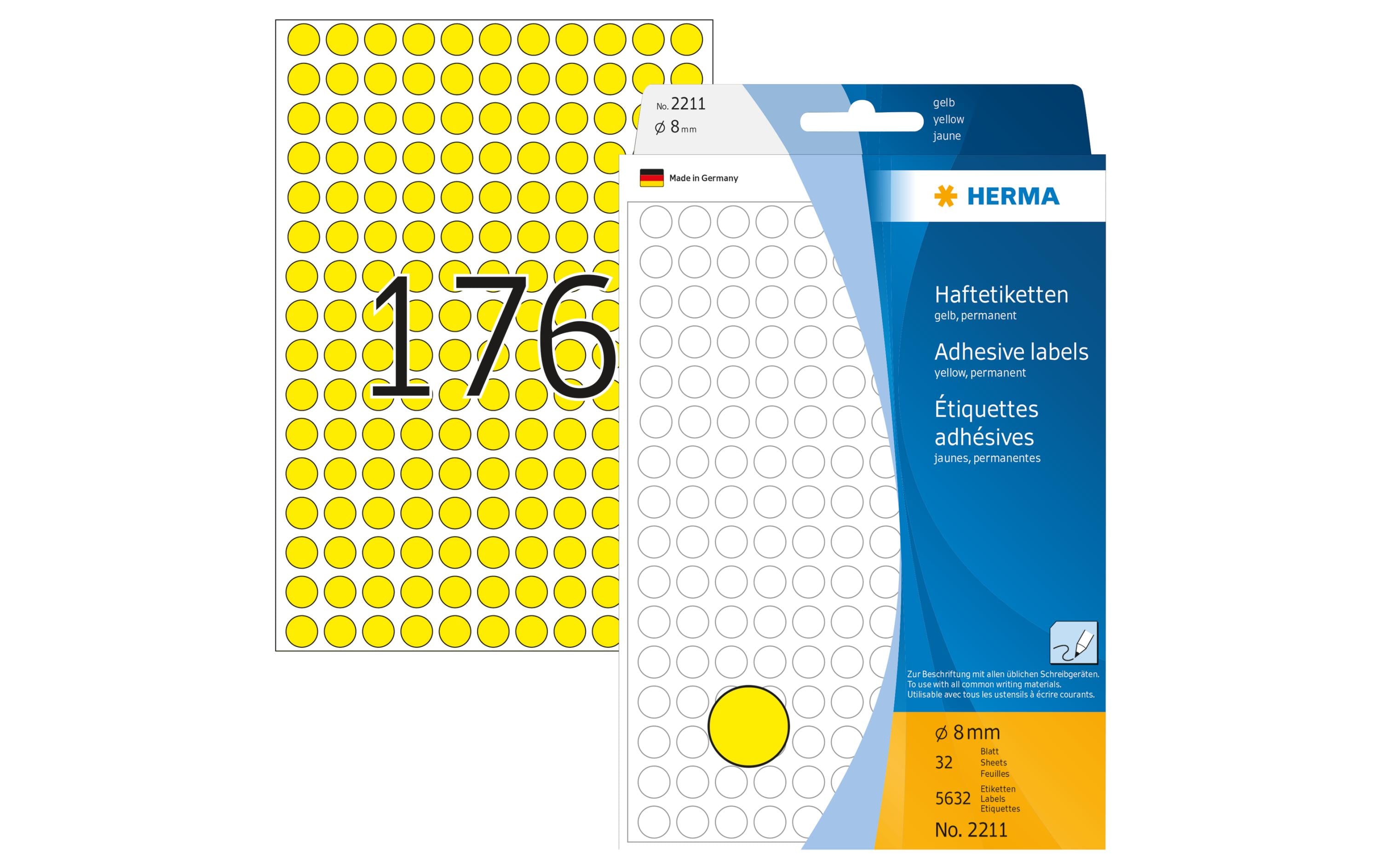 HERMA Vielzweck-Etiketten 2211 Ø 8 mm, Gelb, 32 Blatt