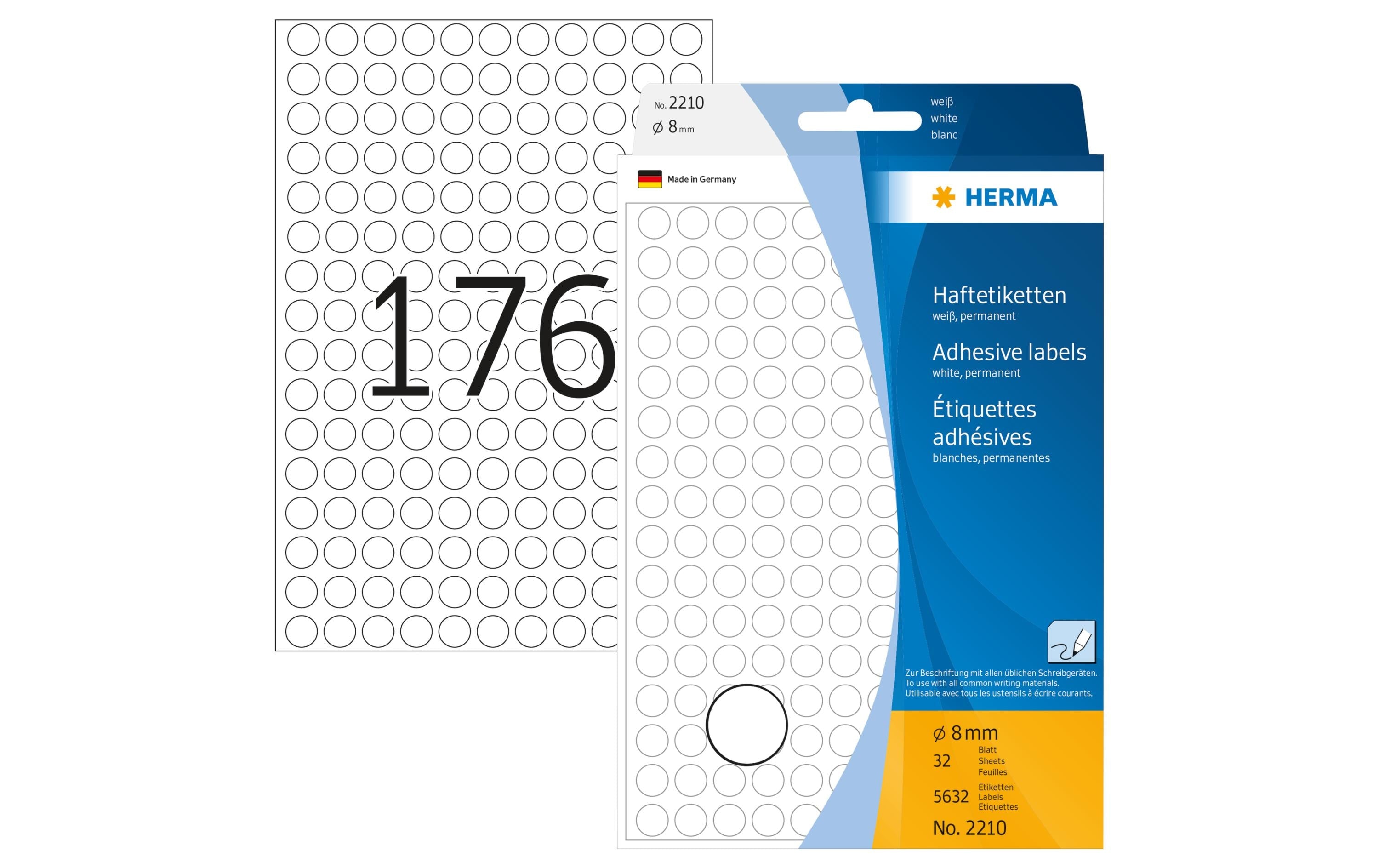 HERMA Vielzweck-Etiketten 2210 Ø 8 mm, Weiss, 32 Blatt