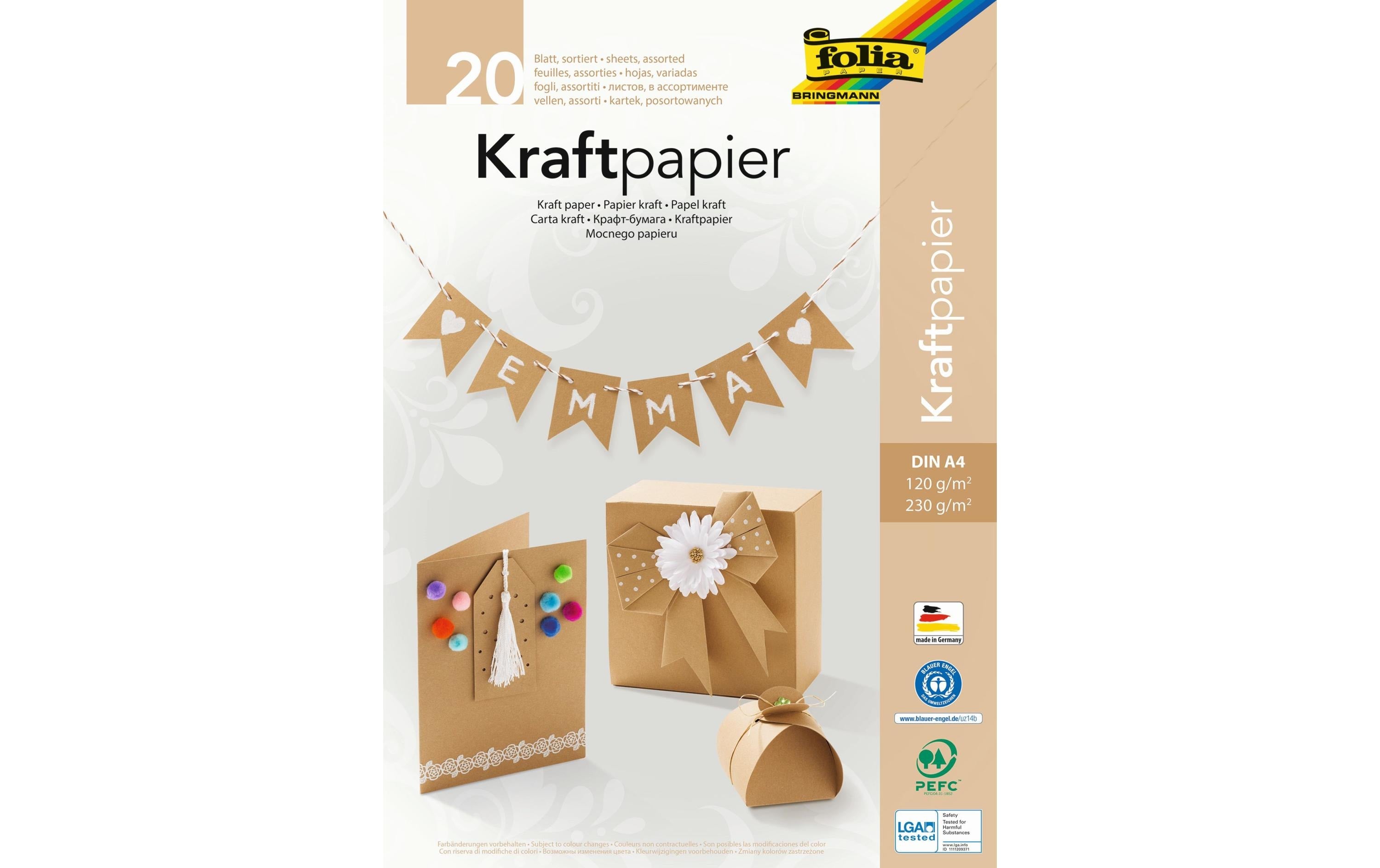 Folia Kraftkarton Kraftpapier A4 Uni 120/230 g/m², sortiert