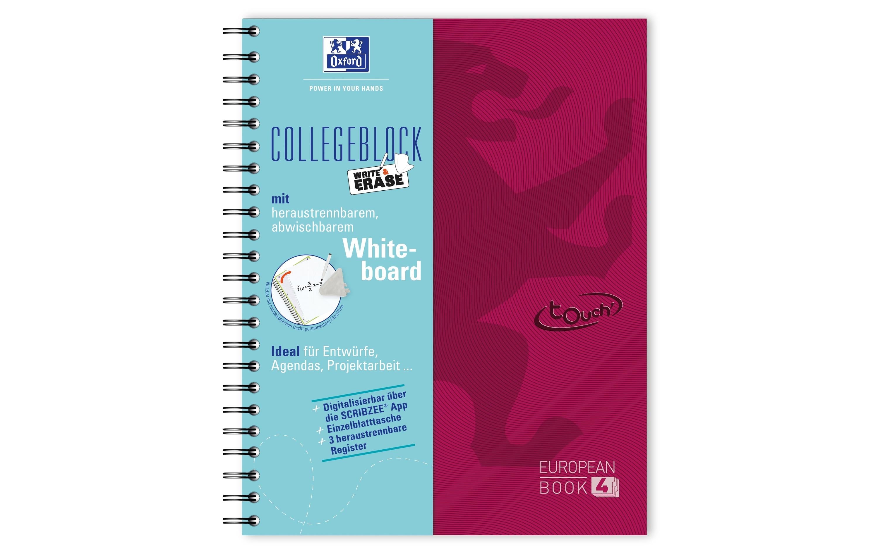 Oxford Notizheft Touch Collegeblock, A4 +, Kariert, Himbeer