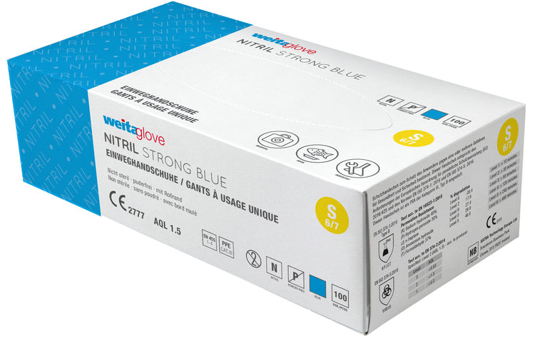 Nitril Strong Blue S-XXL Dispenser à 100 Stk blau, puderfrei, texturiert,