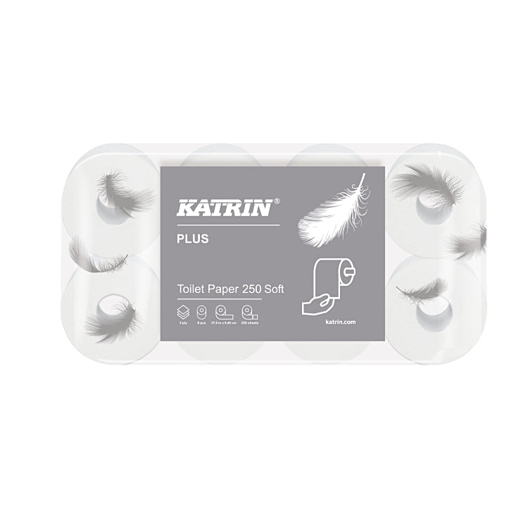 Toilettenpapier Katrin Plus Soft 250, Sack à 9x8=72 Rollen hochweiss,3lag, Zell.