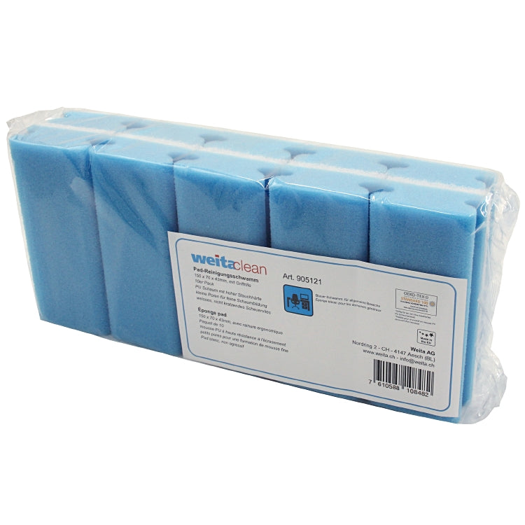 Padschwamm 150x70x43mm, Griff Pack à 10 Stück, Schwamm blau Scheuervlies weiss (
