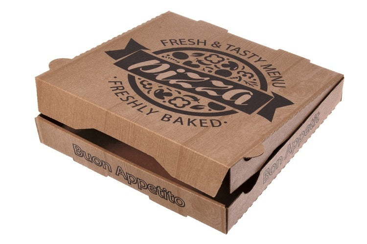 Pizzakarton 30x30x4 cm Bund à 100 Stk, braun Motiv: Fresh+Tasty Menu