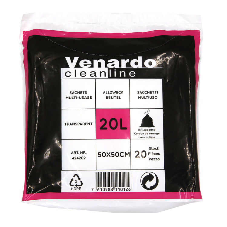 Mehrzweckbeutel 20L transp. Pack à 20 Stück, Zugband blau LxH+Saum 500x500+50mm