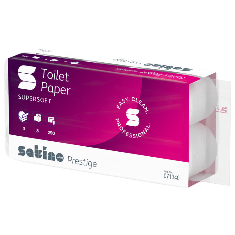 Toilettenpap. Satino Prestige Sack à 8 x 8 Rollen à 250 Cps 3 lag, hochweiss, 9.