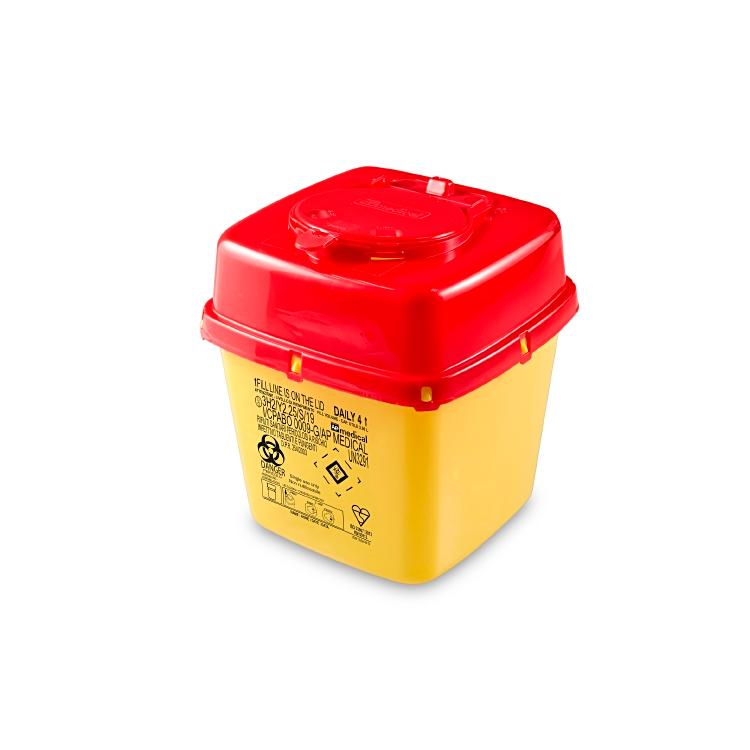 Entsorgungsbox Daily 4L Q gelb, quadrat mit Rotem Deckel für spitze/scharfe Gege