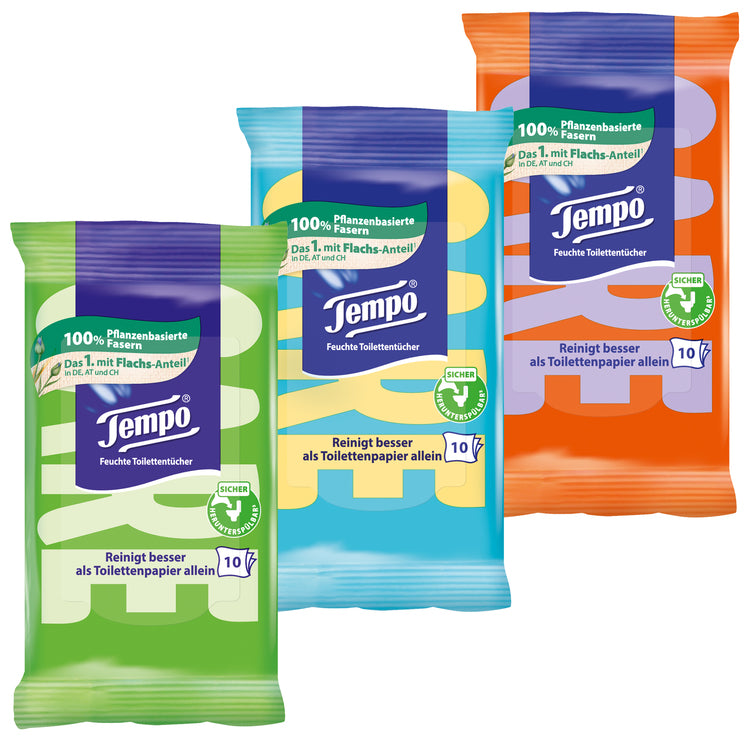 Tempo feuchte Toilettentücher Karton à 30 Beutel à 10 Tücher Travelpack