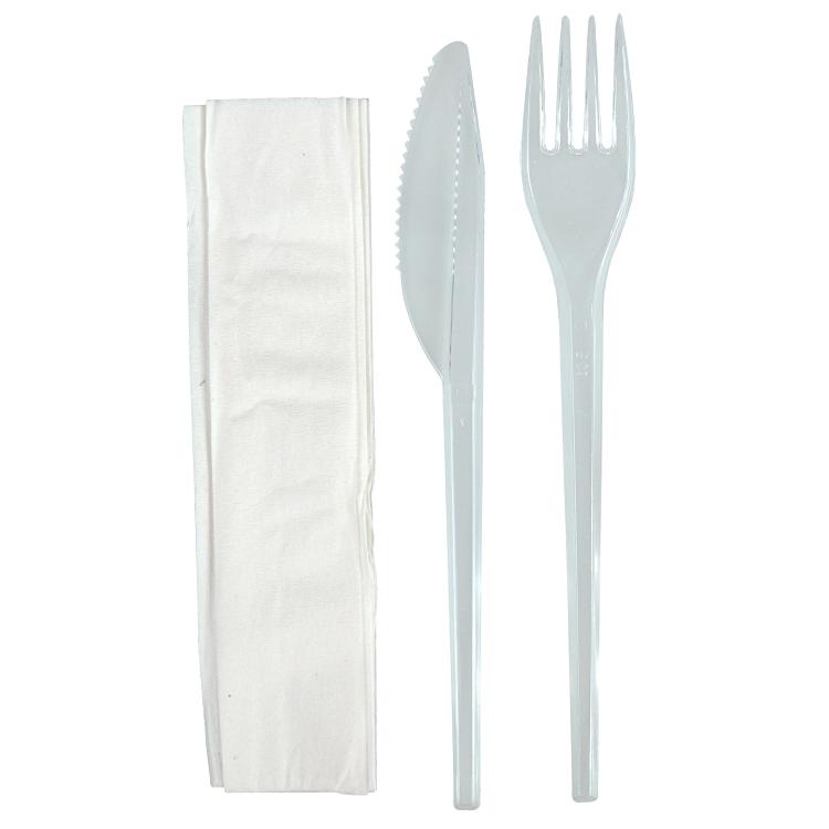 Besteckset Gabel+Messer 18cm Beutel à 1x100 Stk, PS transparent, Serviette 33x33