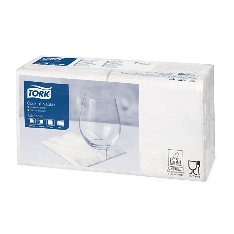 Tork Cocktailserviette weiss Krt à 12x200=2400 Stk 24x24 cm,1/4 Fz,2-lag.