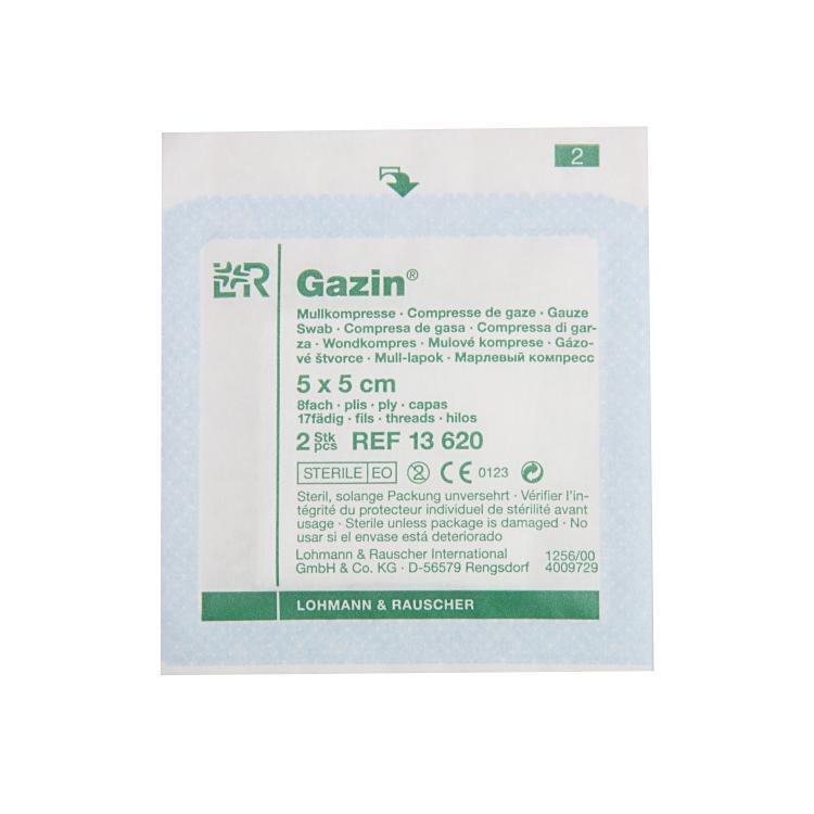 Gazin Mullkompresse 5x5 cm steril/2, 8-fach, 17-fädig, 50x2 Stk./Dispenser