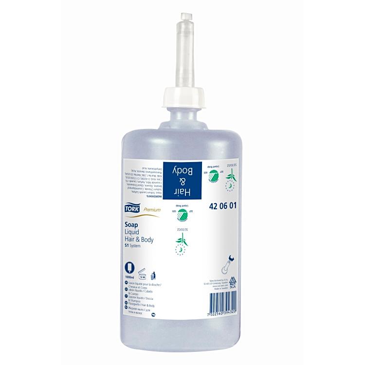 Flüssigseife Tork Premium S1 Krt. à 6 Flakon à 1 L Hair & Body, blau