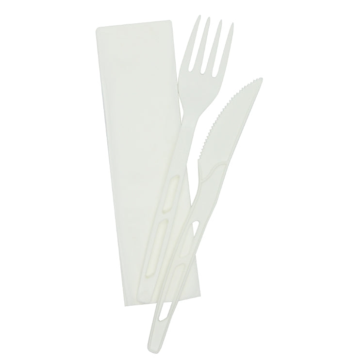 Besteckset C-PLA 3-teilig Pack à 100 Stück G/M/S, weiss, Hülle aus PLA