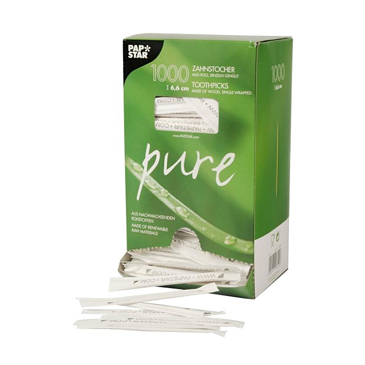 Zahnstocher Holz PURE 6.5cm Pack à 1000 Stk, rund Einzeln verpackt, Papstar Besc