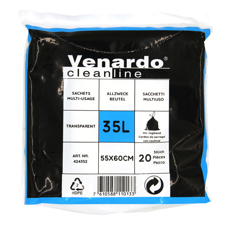 Mehrzweckbeutel 35L transp. Pack à 20 Stück, Zugband blau LxH+Saum 550x600+50mm