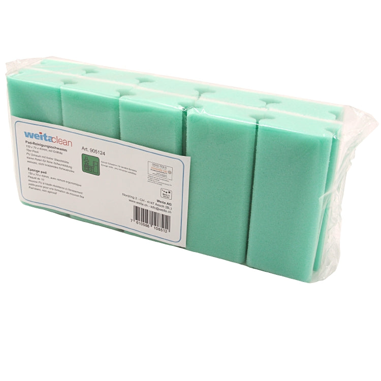 Padschwamm 150x70x43mm, Griff Pack à 10 Stück, Schwamm grün Scheuervlies weiss (