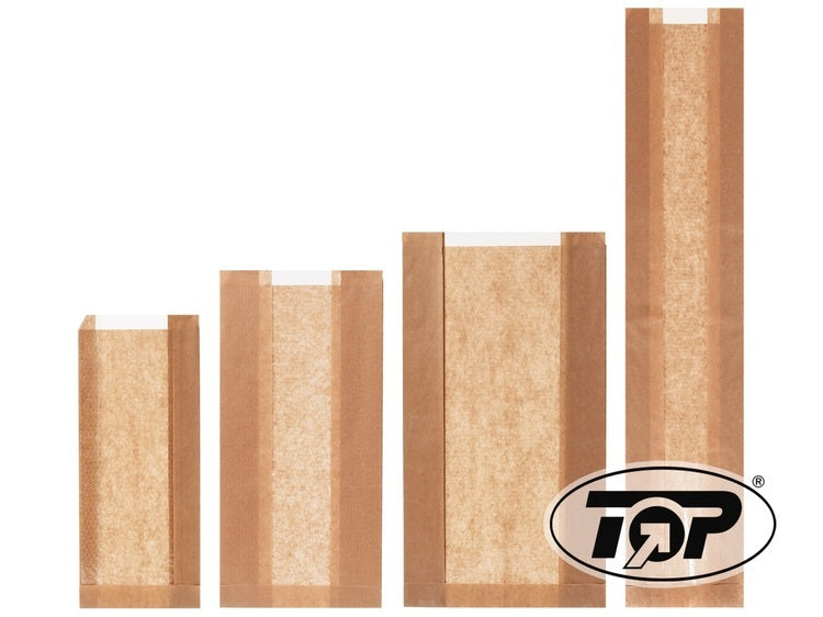 Brotbeutel 16+8x32cm braun SF Karton à 1000 Stk, Kraft Sichtstreifen OPP klar, 4