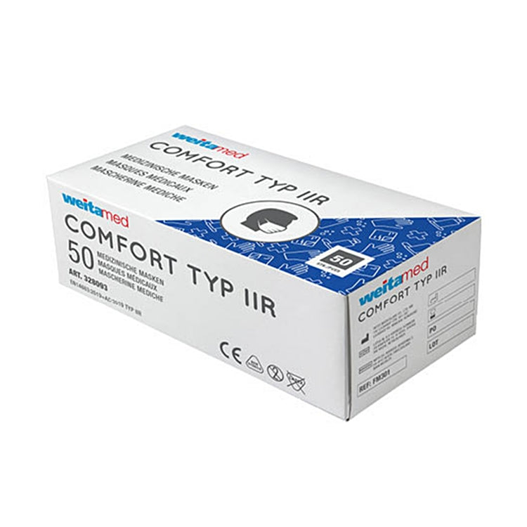 Medizinische Maske TypIIR Blau Dispenser à 50 Stk mit Gummibändeln, EN 14683