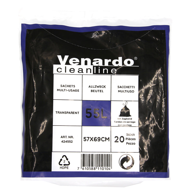 Mehrzweckbeutel 55L transp. Pack à 20 Stück, Zugband blau LxH+Saum 570x690+50mm