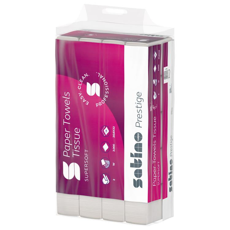 Papierhandtücher Satino Presti Sack à 25x120=3000 Stk, 2-lag Cell.,h'weiss,20.6x