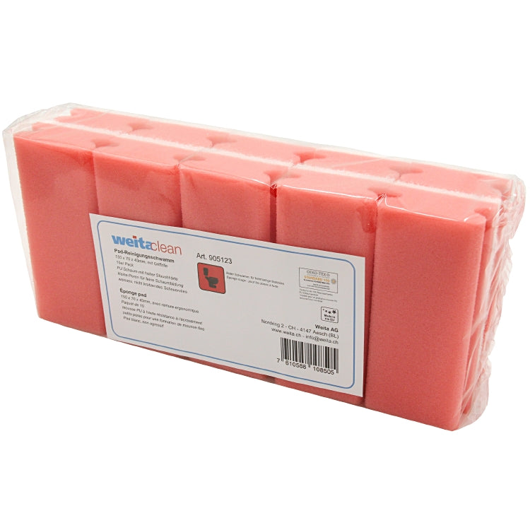 Padschwamm 150x70x43mm, Griff Pack à 10 Stück, Schwamm rot Scheuervlies weiss (k