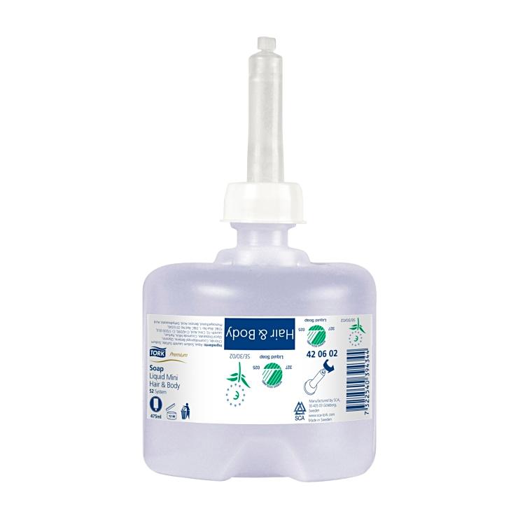 Flüssigseife Tork Premium Mini S2, Krt. à 8 Flakon à 475 ml Hair & Body, blau