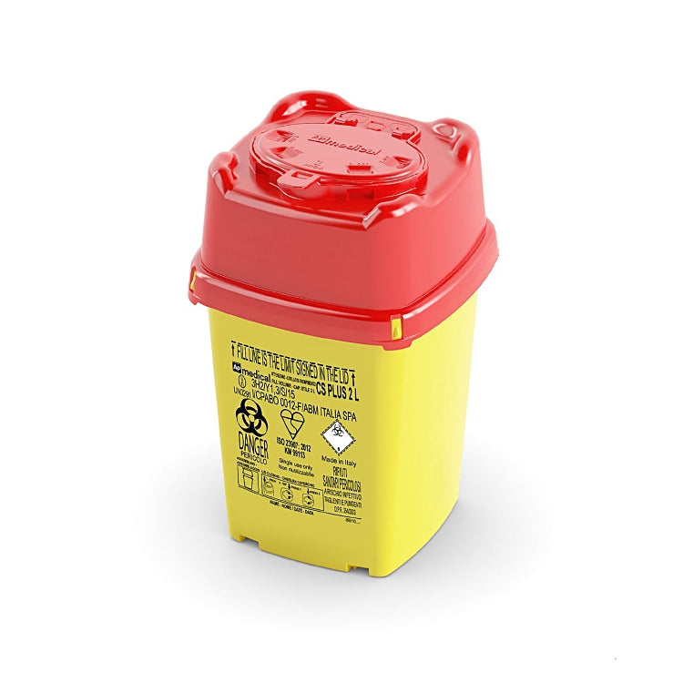 Entsorgungsbox CS PLUS 2L Q gelb, quadrat mit Rotem Deckel für spitze/scharfe Ge