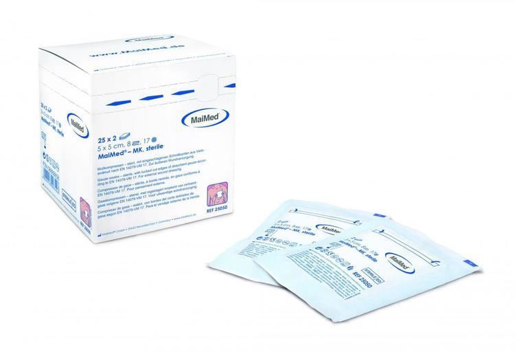 Mullkompressen 5 x 5 cm steril/2, 25 x 2 Stück/Disp. 8-fach, 17-fädig, 100% Baum