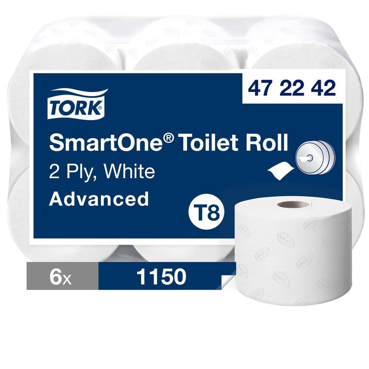 Tork Toilettenpapier SmartOne T8,Sack à 6 Rll, L:18xB:13.4cm weiss,2-lagig 1150