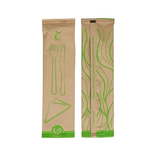 Holzbesteck-Set VERIVE 3tlg Pack à 100 Stk, Holz gewachst Gabel, Messer, Serviet
