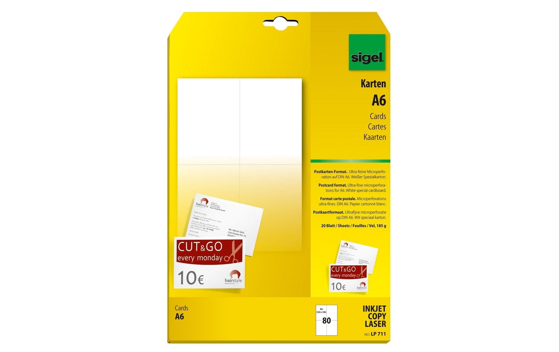 Sigel Postkarte A6 (A4), 20 Blatt, 185 g, Weiss