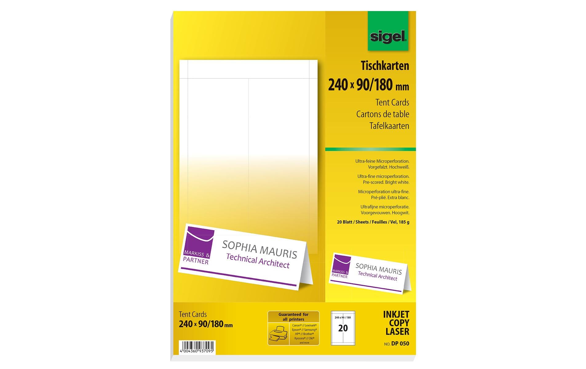Sigel Tischkarte 24 x 9 x 18 cm, 20 Blatt, 185 g, Weiss