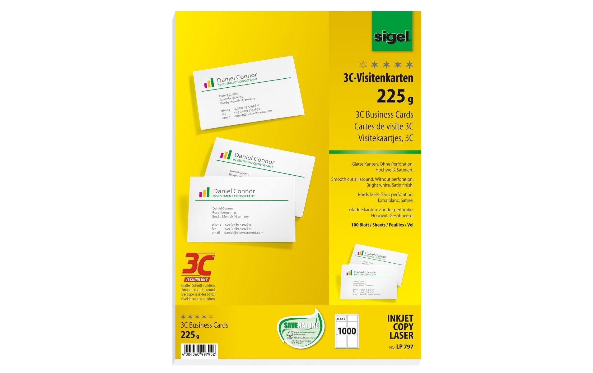 Sigel Visitenkarten-Etiketten 8.5 x 5.5 cm,100 Blatt, 225 g, Weiss