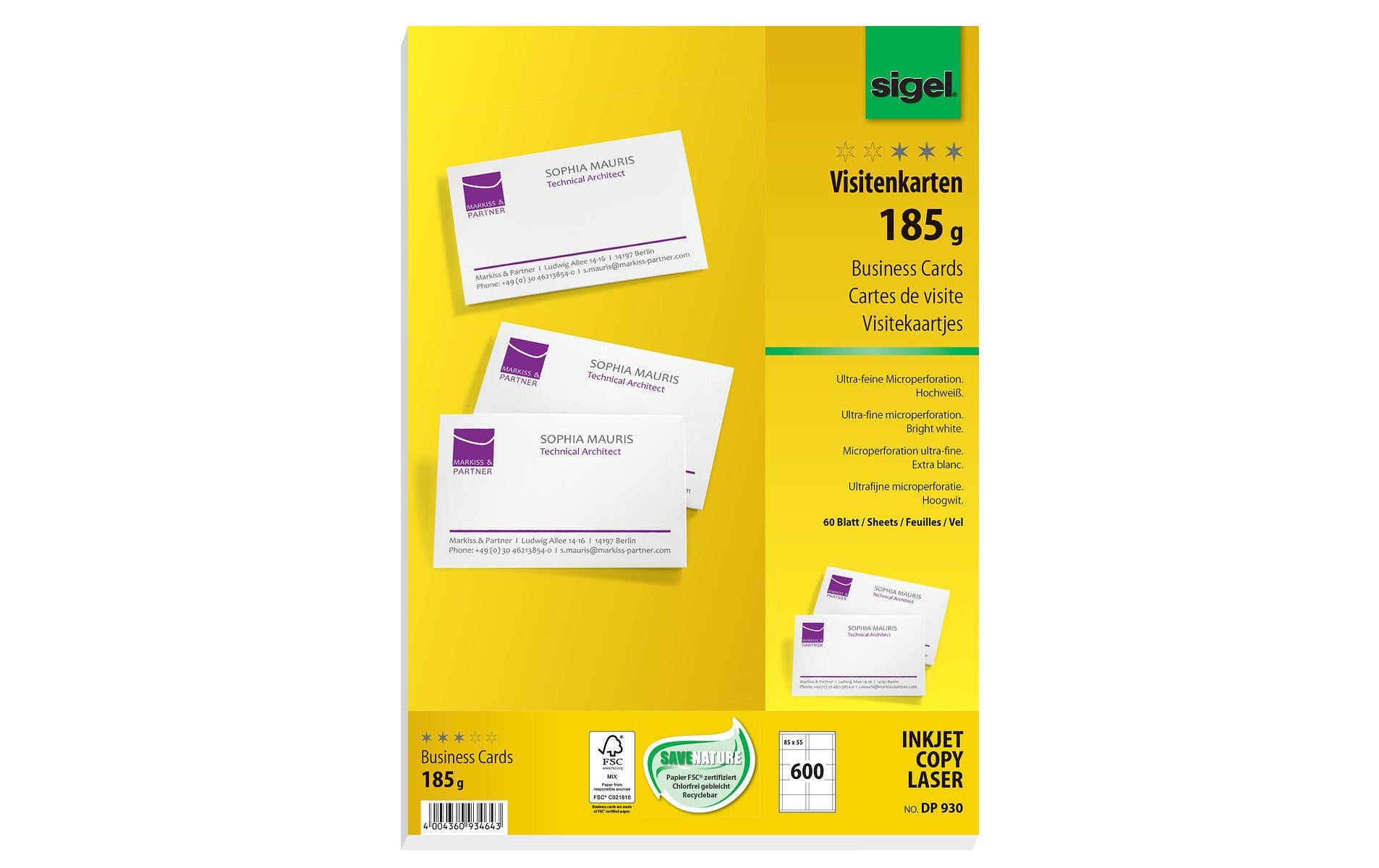 Sigel Visitenkarten-Etiketten 8.5 x 5.5 cm, 60 Blatt, 185 g, Weiss