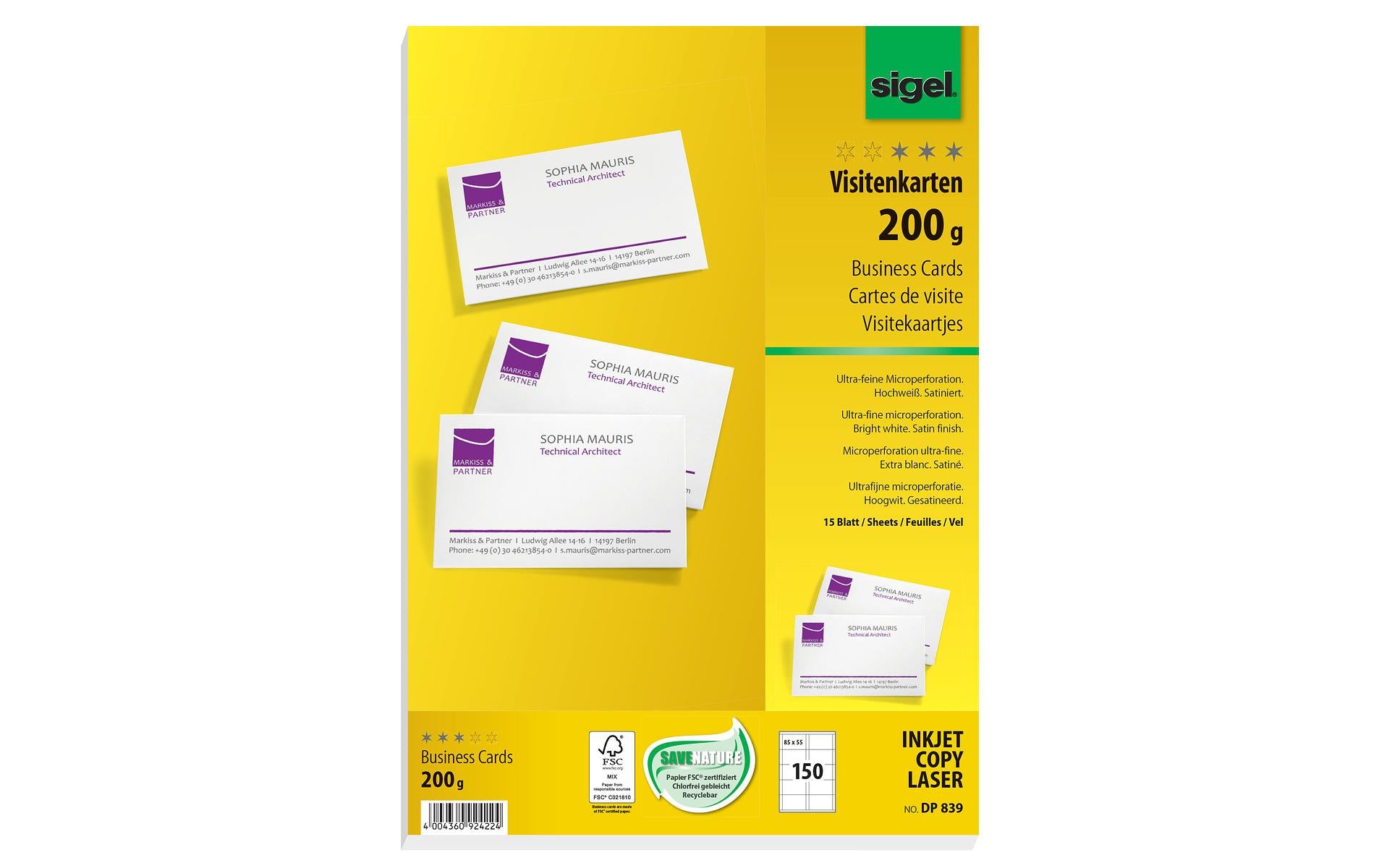 Sigel Visitenkarten-Etiketten 8.5 x 5.5 cm, 15 Blatt, 200 g, Weiss