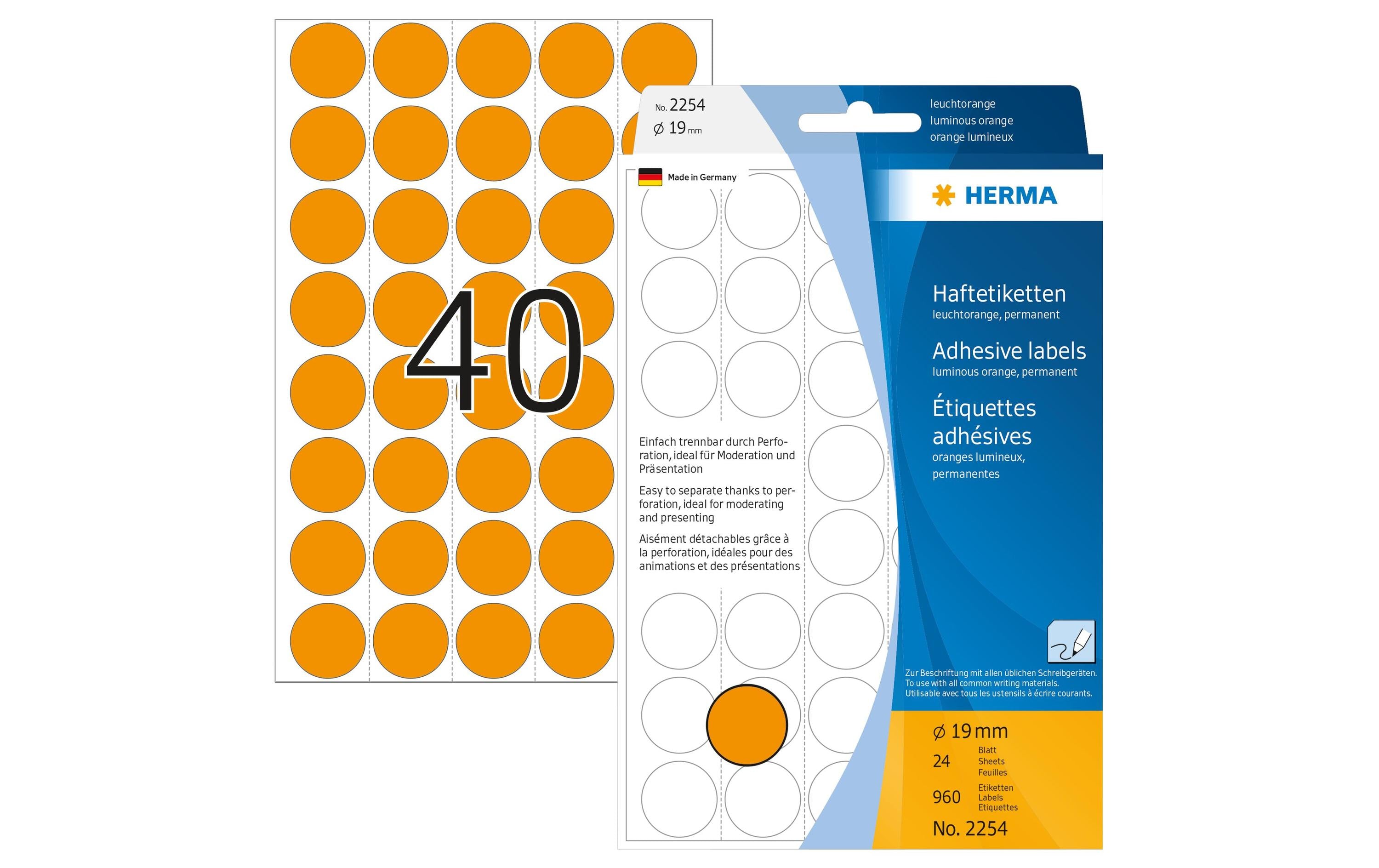 HERMA Vielzweck-Etiketten 2254 Leuchtorange Ø 19 mm, 24 Blatt