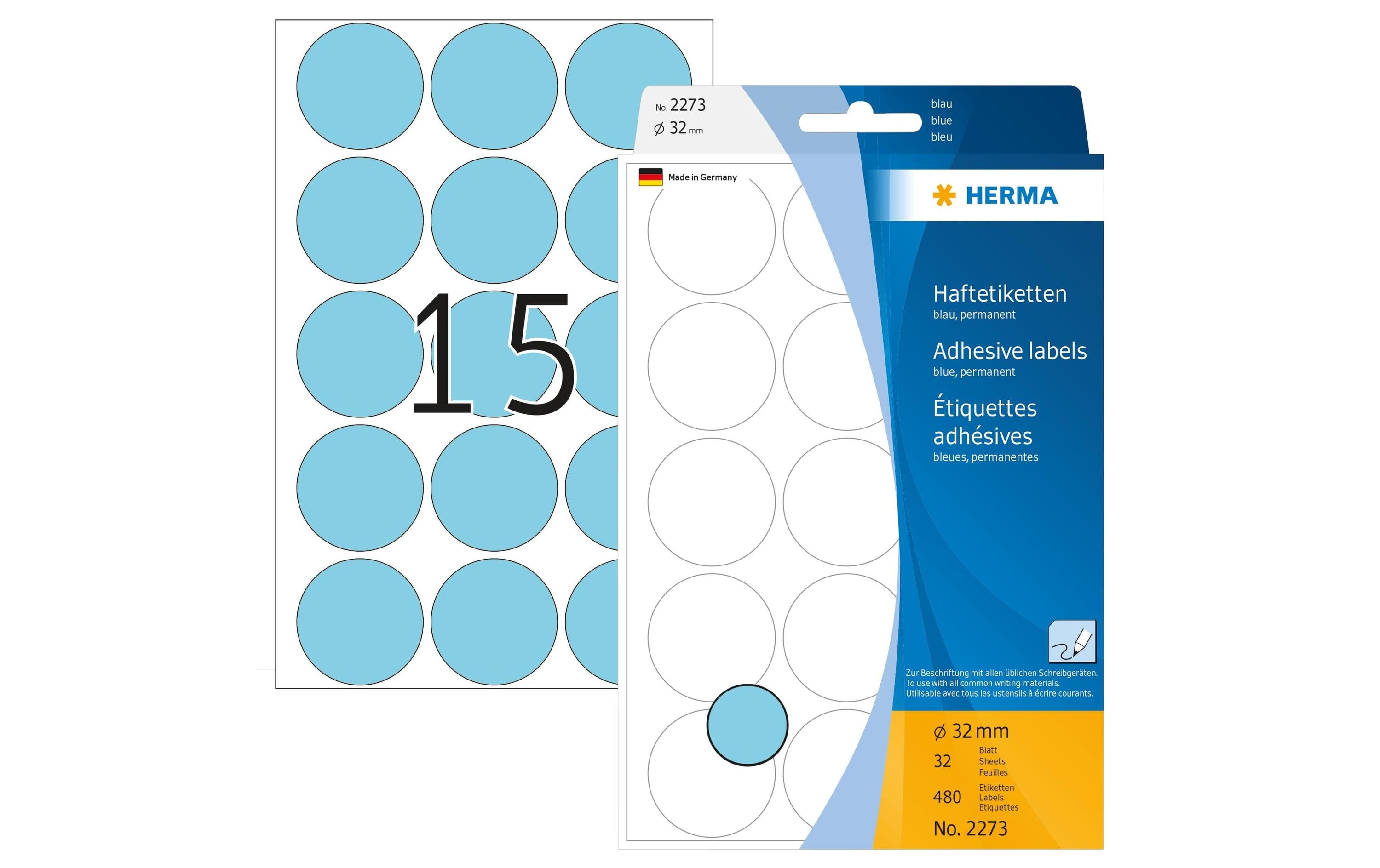 HERMA Vielzweck-Etiketten 2273 Blau Ø 32 mm, 32 Blatt
