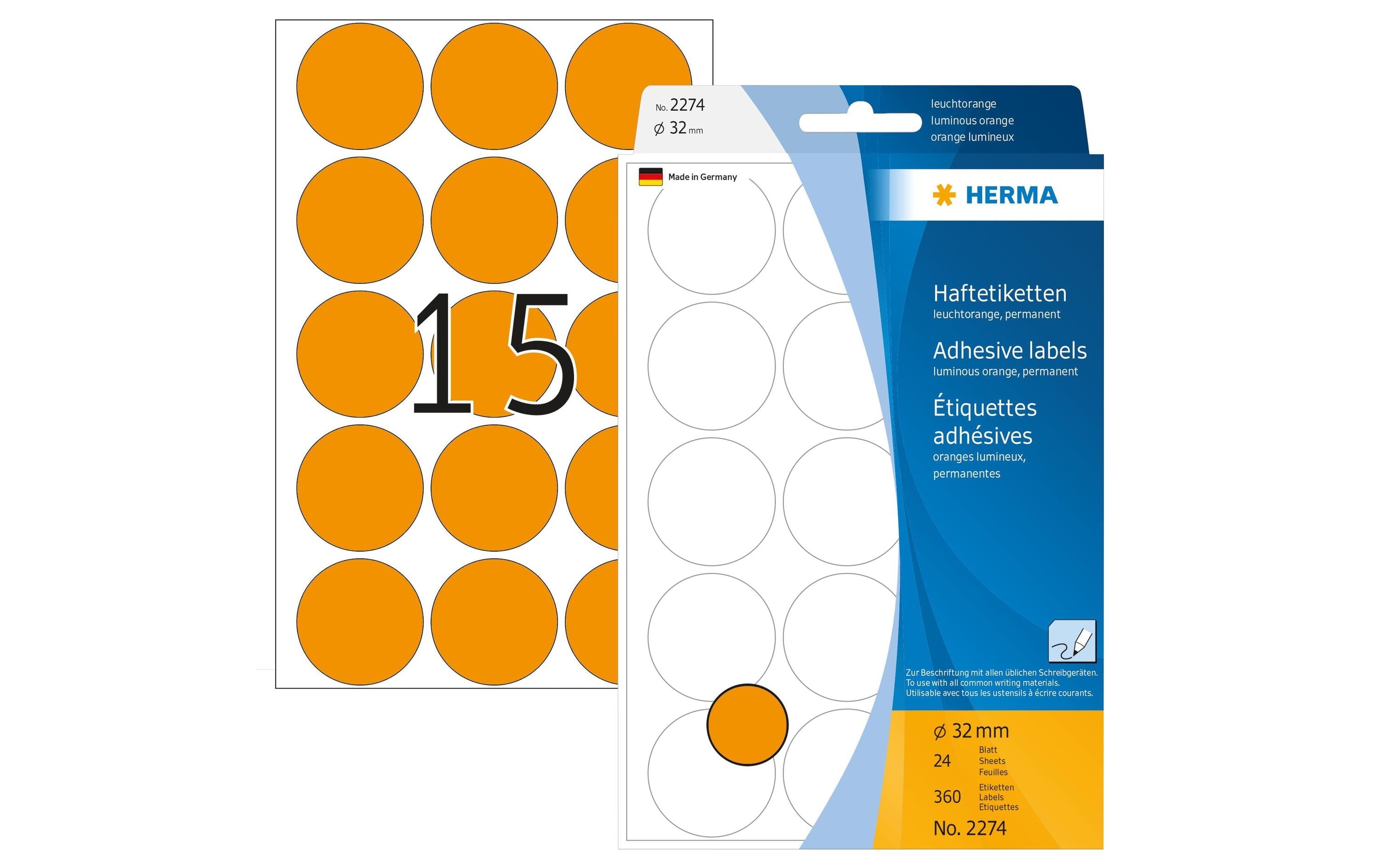 HERMA Vielzweck-Etiketten 2274 Leuchtorange Ø 32 mm, 24 Blatt