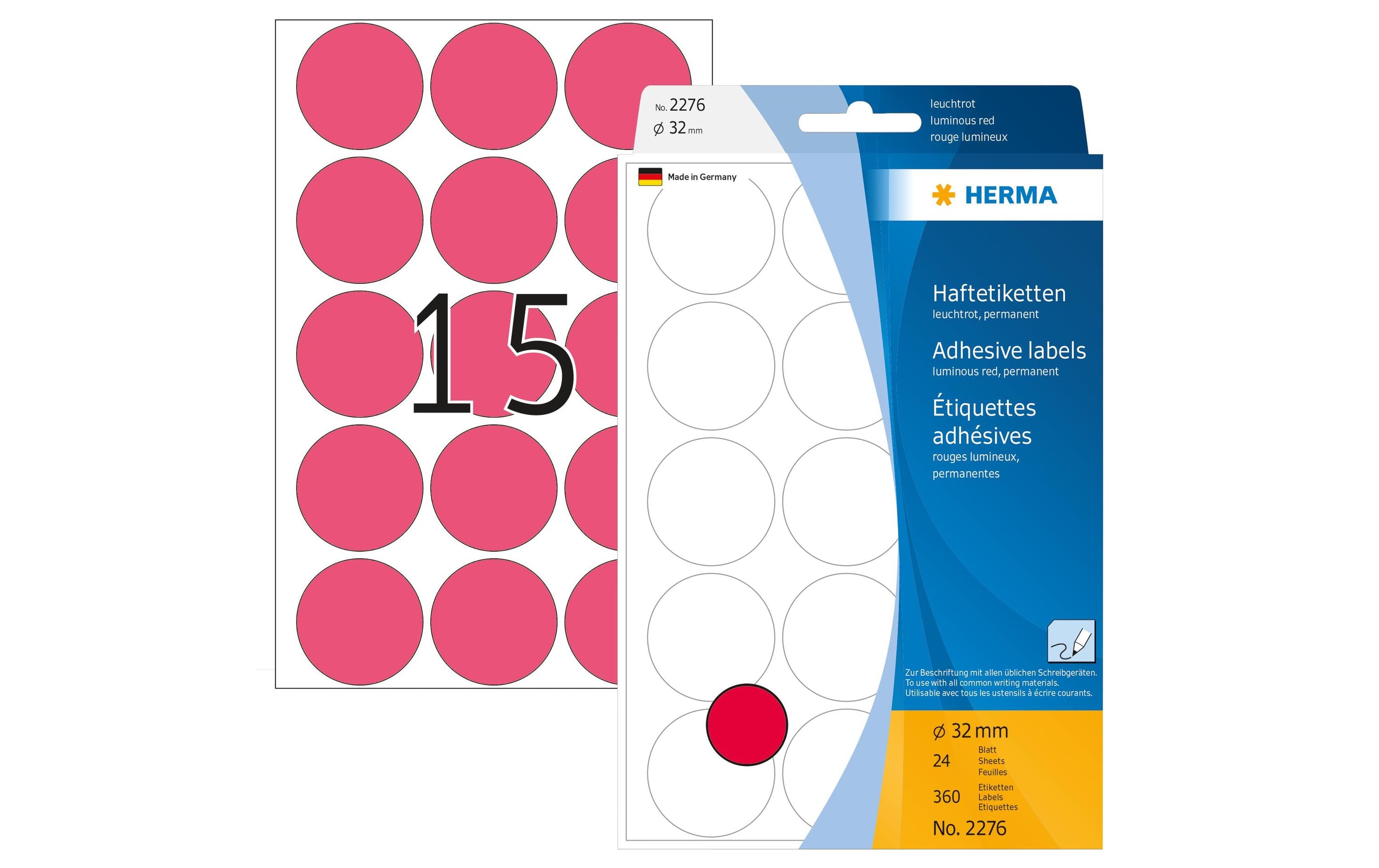 HERMA Vielzweck-Etiketten 2276 Leuchtrot Ø 32 mm, 24 Blatt