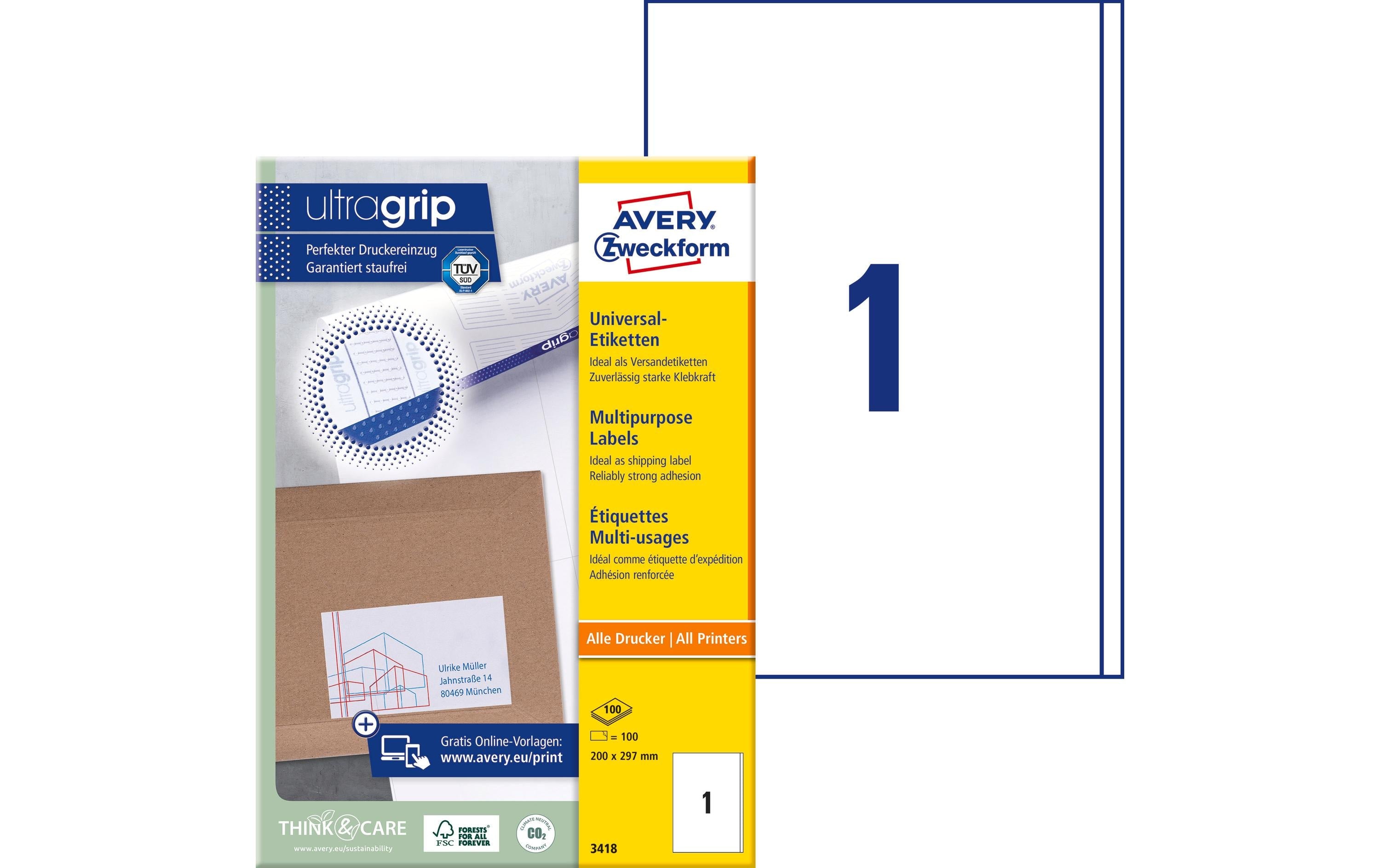 Avery Zweckform Universal-Etiketten 3418 200 x 297 mm, 100 Blatt