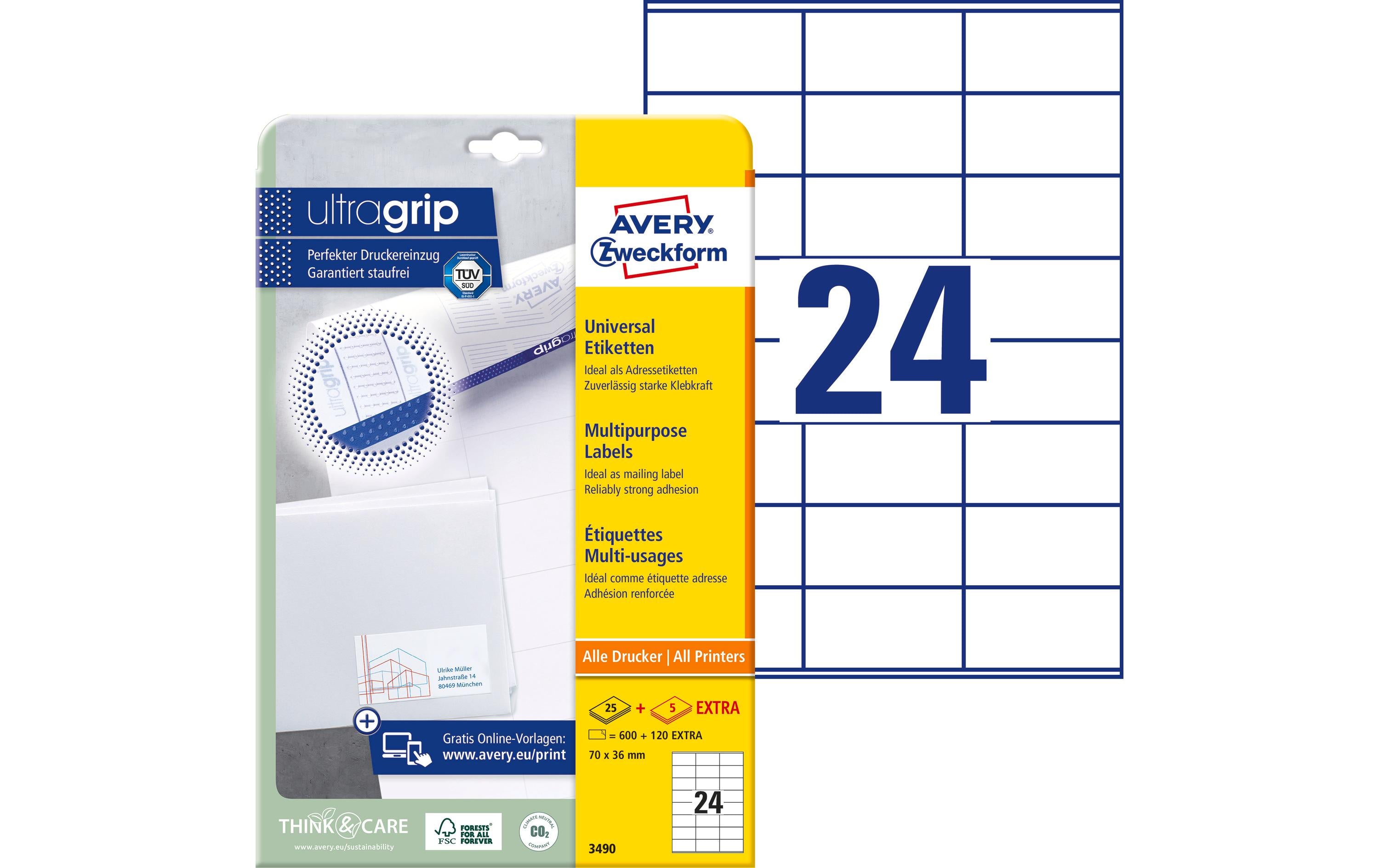 Avery Zweckform Universal-Etiketten 3490 70 x 36 mm, 25 Blatt