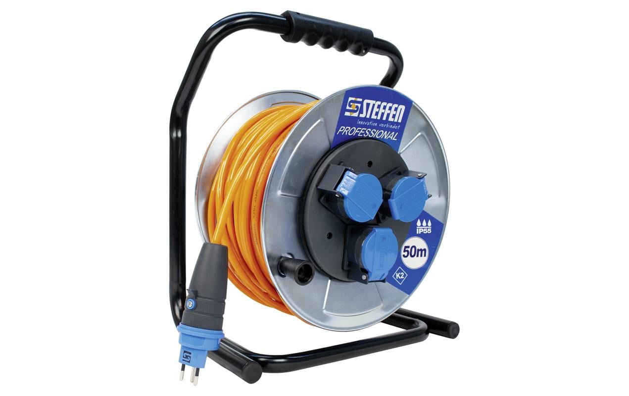 STEFFEN Kabelrolle Professional 50 m 3x T13, IP55, Silber