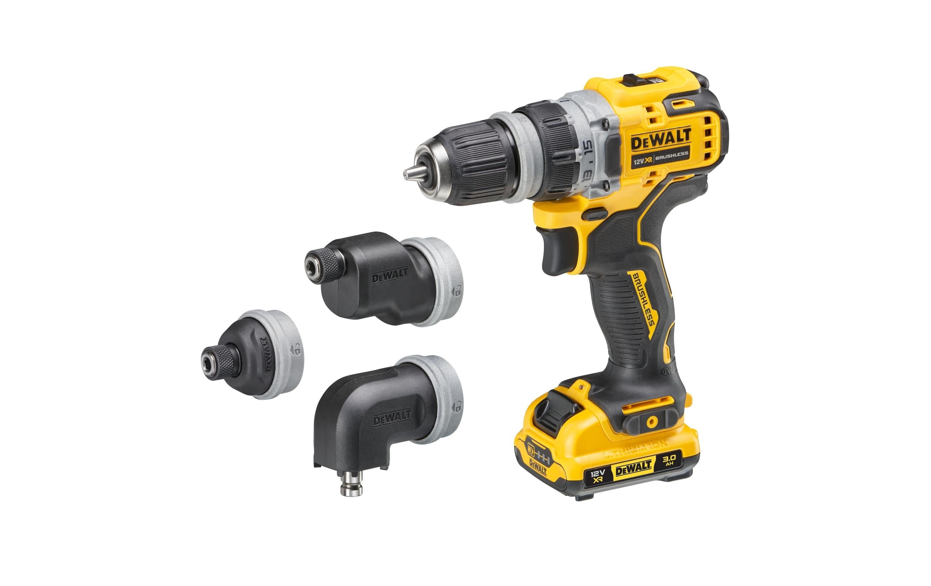 DEWALT Akku-Bohrschrauber 12 V mit 4 Köpfen, 2 x 3 Ah Akku, Kit