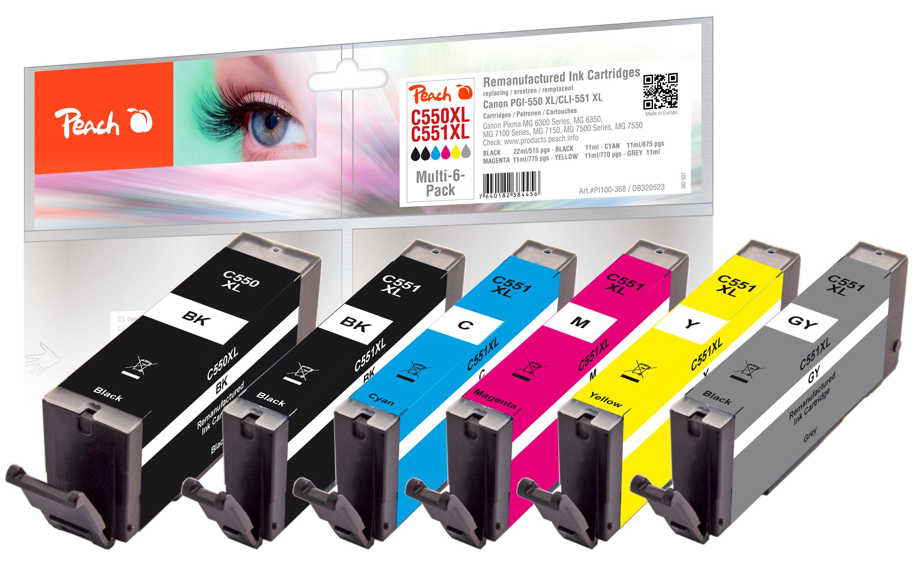Peach Tinte Canon 550XL/551XL, PEA, Multi-6-Pack BK, C, M, Y, G