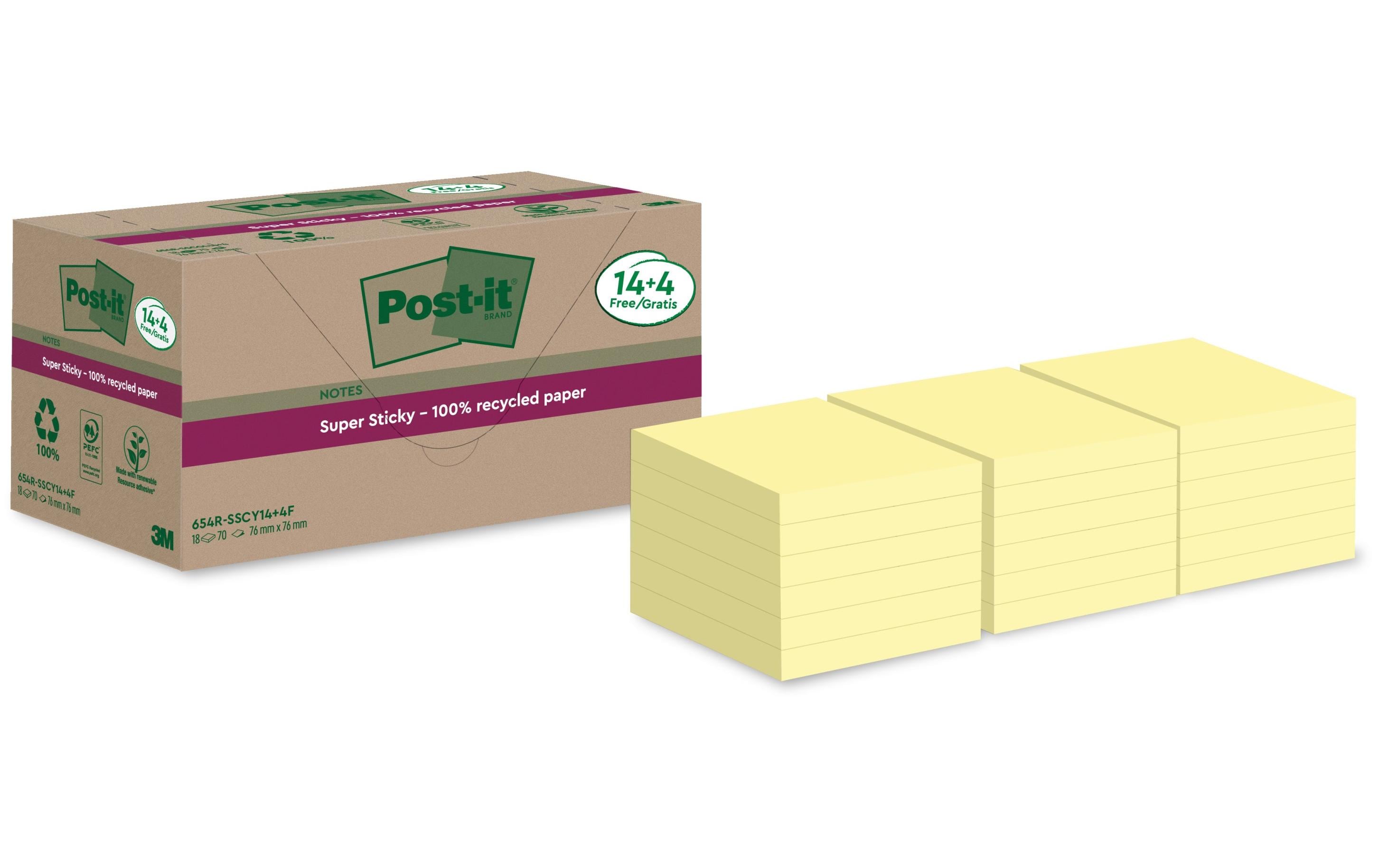 Post-it Notizzettel Super Sticky Recycling, Gelb, 18 Blöcke