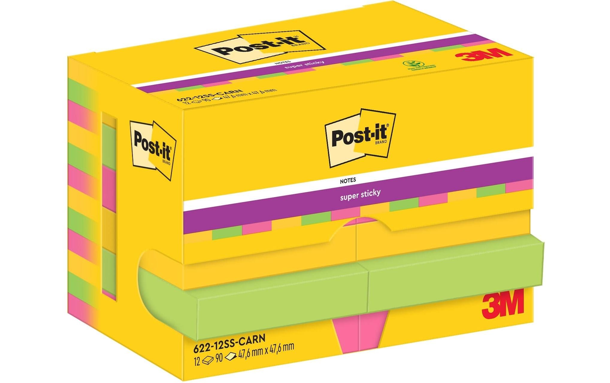 Post-it Notizzettel Super Sticky 47 x 47 mm, Carnival, 12 Blöcke