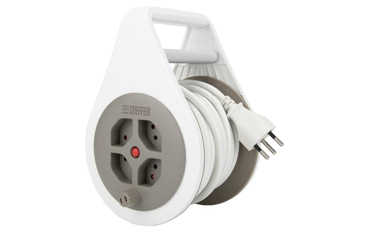 STEFFEN Kabelrolle mit Griff 4 x T13, Weiss / Grau, 7 m Kabel