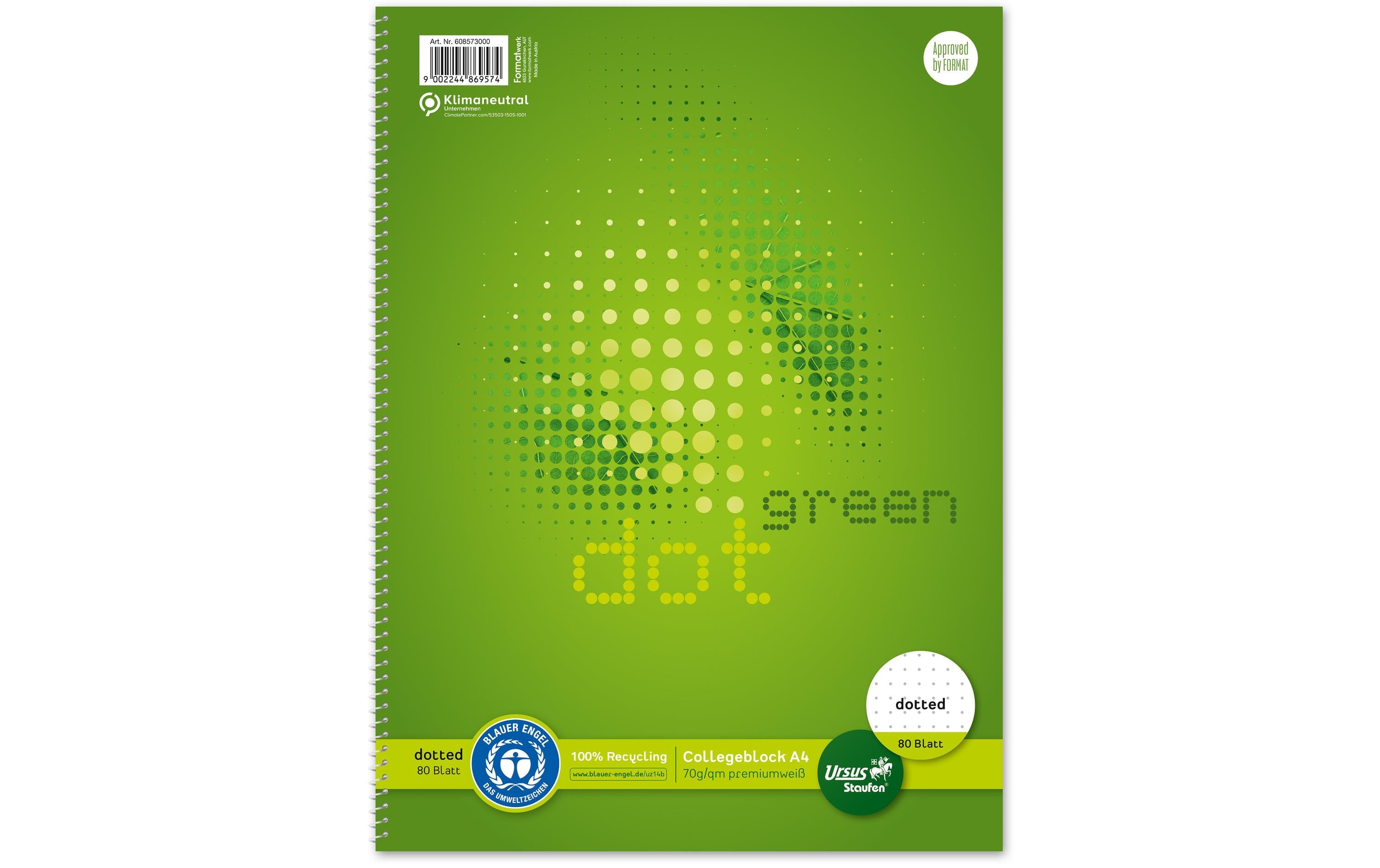Ursusgreen Collegeblock A4, gepunktet, 4-fach gelocht